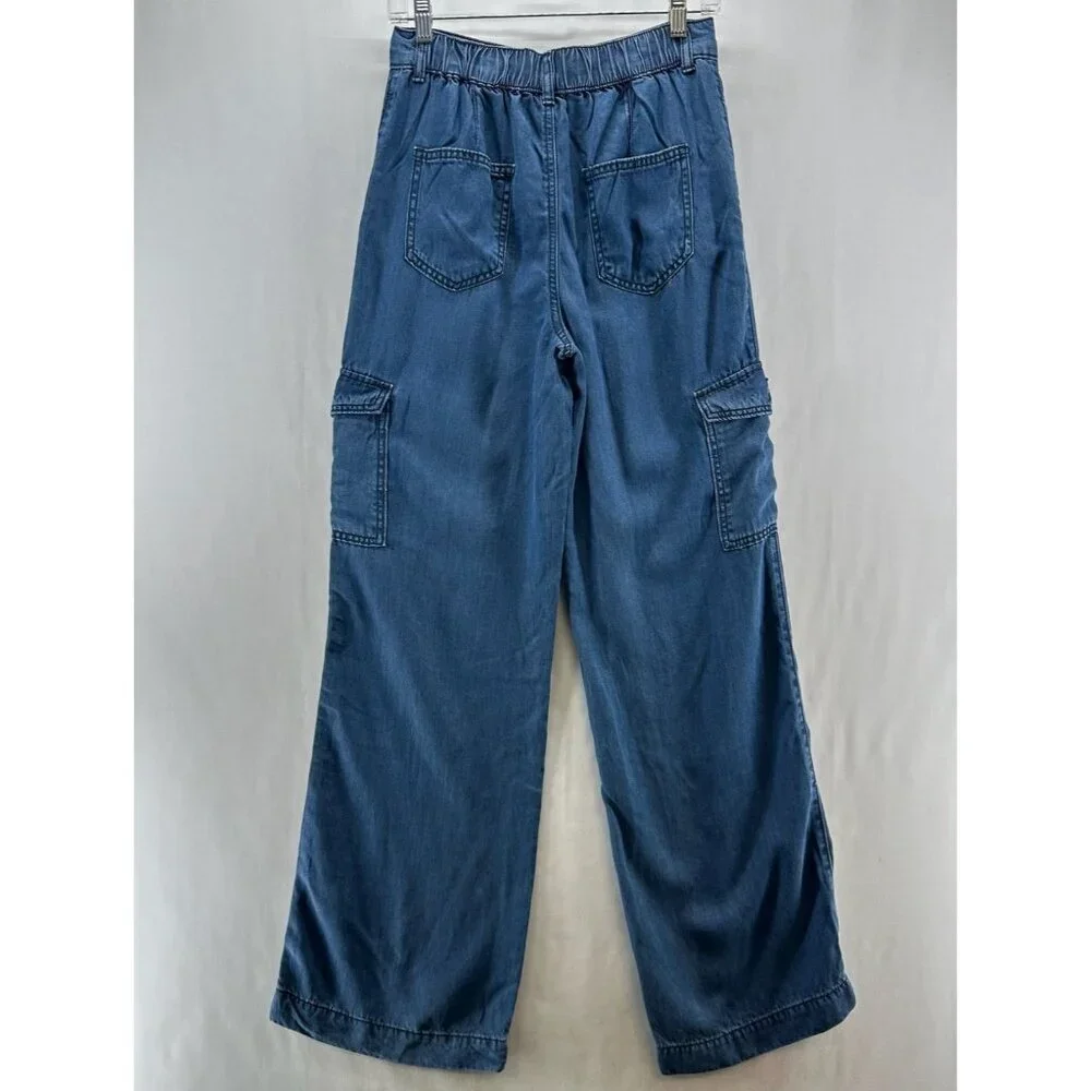 Happily Grey Pants Womens Sz 1/25 Baggy Wide Leg Cargo Denim Lyocell Blue - Picture 2 of 11